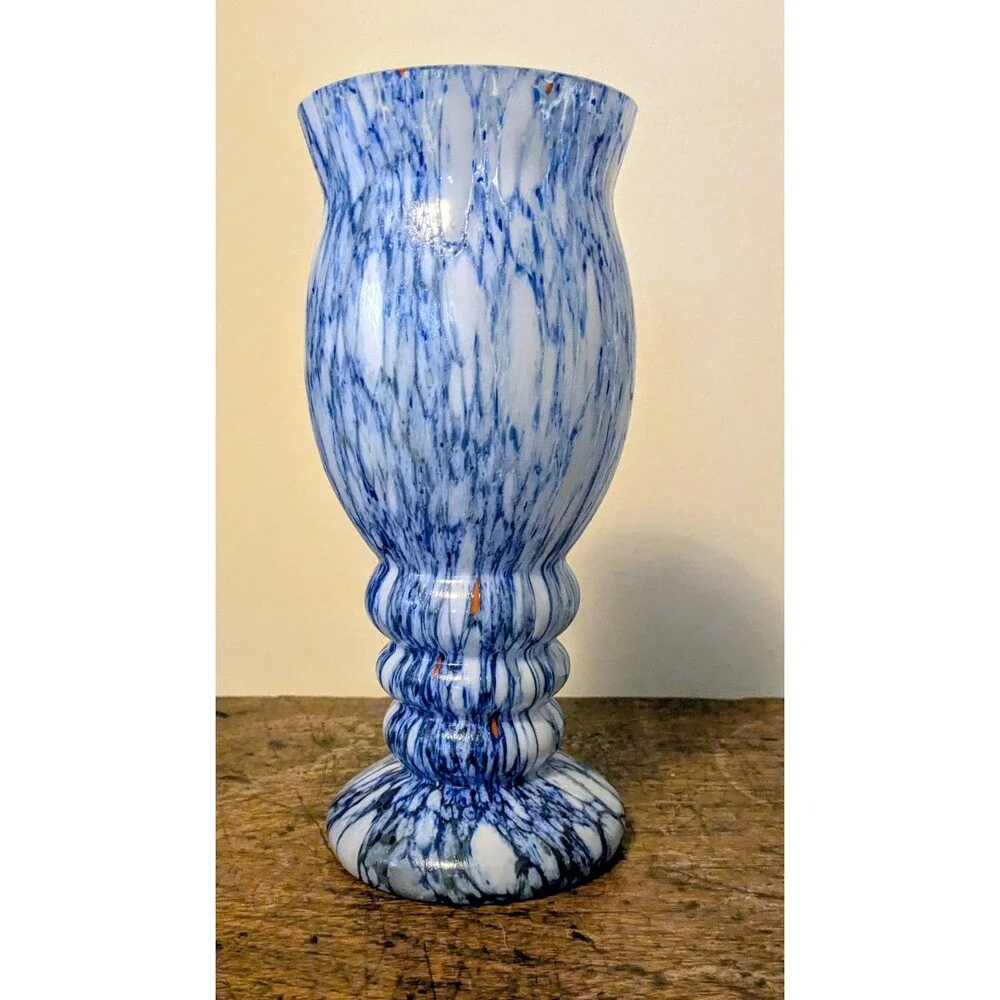 Franz Tomschick Czech Bohemian Art Deco Spatter Glass Vase Blue White 8.25